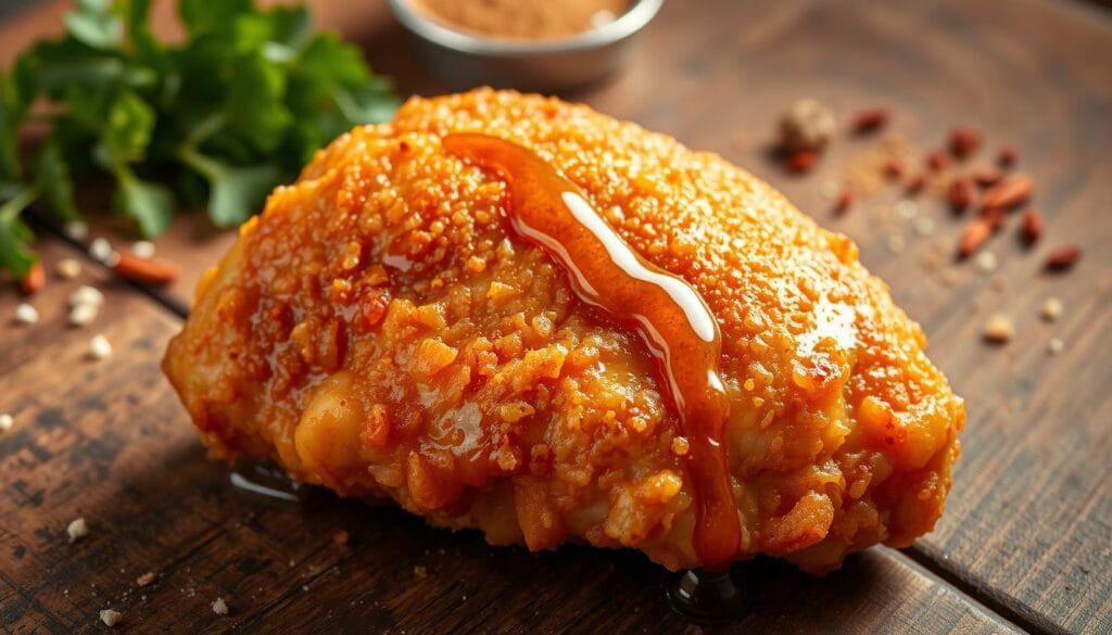 A mouthwatering close-up of a golden-brown, perfectly crispy fried chicken thigh, glistening with a drizzle of honey-infused glaze. The chicken is resting on a rustic wooden surface, illuminated by warm, soft lighting that accentuates the intricate texture of the breading. In the background, a scattering of fresh herbs and a sprinkle of spices add depth and complexity to the scene, hinting at the flavorful seasoning within. The composition is balanced and visually appealing, capturing the essence of a meticulously prepared, restaurant-quality fried chicken dish.