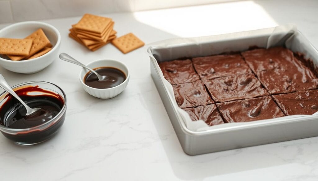 A neatly arranged workspace, a white marble countertop, and natural light flooding the scene. On the surface, a square baking pan filled with rich, fudgy squares, fresh from the refrigerator. Beside it, a stack of graham crackers, a bowl of melted chocolate, and a small spoon for drizzling. The squares have a glossy, tempting sheen, inviting the viewer to imagine the decadent, no-bake texture. A neutral, minimal backdrop allows the assembly process to be the focal point, captured at a slight angle with a shallow depth of field for a professional, appetizing aesthetic.