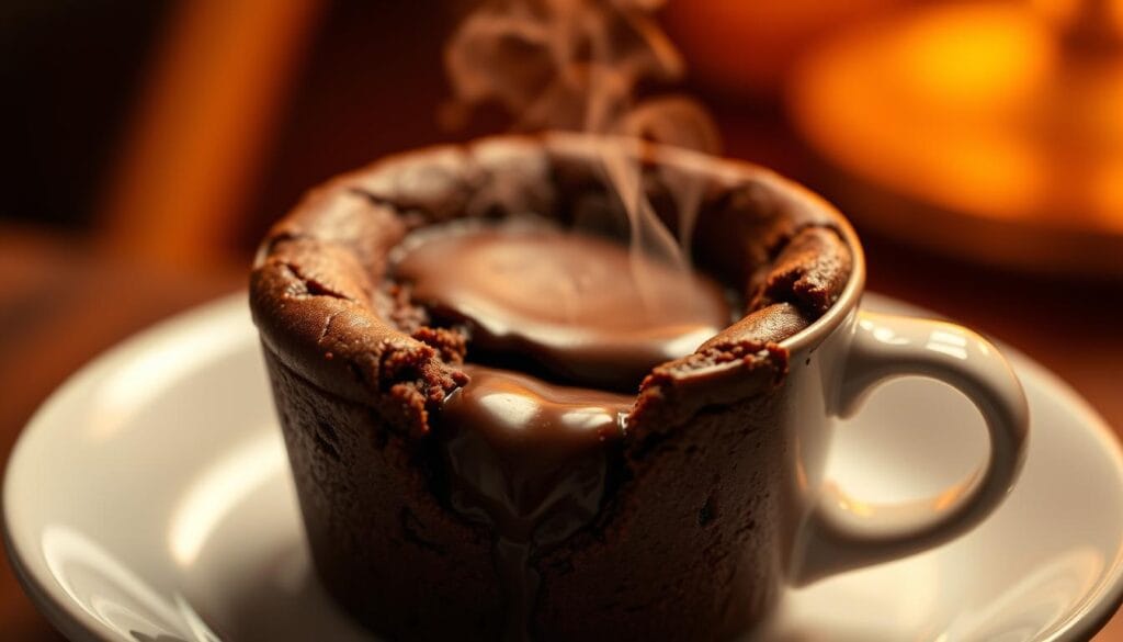 A rich, molten chocolate mug cake gently steaming, its decadent surface glistening under warm, directional lighting. The cake sits on a simple white ceramic plate, slightly tilted to reveal the soft, molten center oozing with dark chocolate. The background is blurred, emphasizing the cake's prominence and the viewer's focus on its irresistible texture and aroma. The overall mood is one of indulgence and temptation, inviting the viewer to imagine the satisfying first bite of this quick, satisfying chocolate treat. A rich, molten chocolate mug cake gently steaming, its decadent surface glistening under warm, directional lighting. The cake sits on a simple white ceramic plate, slightly tilted to reveal the soft, molten center oozing with dark chocolate. The background is blurred, emphasizing the cake's prominence and the viewer's focus on its irresistible texture and aroma. The overall mood is one of indulgence and temptation, inviting the viewer to imagine the satisfying first bite of this quick, satisfying chocolate treat.
