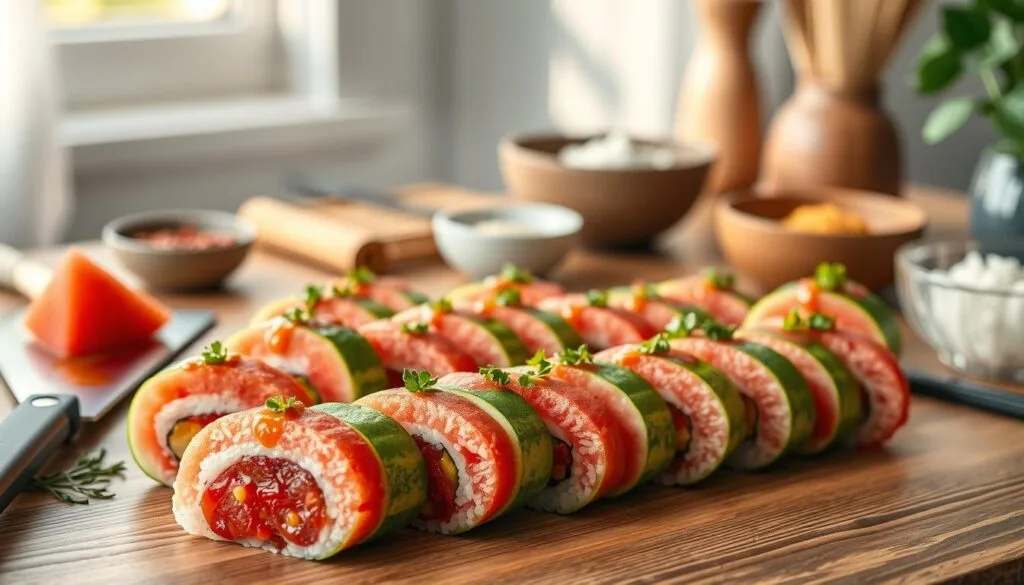 A still life of vibrant watermelon sushi rolls, artfully arranged on a wooden surface. The foreground showcases the delicate slices of watermelon, expertly shaped into perfect sushi rolls, garnished with fresh herbs and a drizzle of savory sauce. The middle ground features an array of sushi-making tools and ingredients, such as a sharp knife, a bamboo rolling mat, and bowls of rice and seasonings. The background is softly blurred, creating a serene and inviting atmosphere, with natural lighting filtering in from a nearby window, casting a warm glow over the scene. The overall composition is balanced and visually appealing, capturing the essence of creating unique watermelon sushi rolls at home. A still life of vibrant watermelon sushi rolls, artfully arranged on a wooden surface. The foreground showcases the delicate slices of watermelon, expertly shaped into perfect sushi rolls, garnished with fresh herbs and a drizzle of savory sauce. The middle ground features an array of sushi-making tools and ingredients, such as a sharp knife, a bamboo rolling mat, and bowls of rice and seasonings. The background is softly blurred, creating a serene and inviting atmosphere, with natural lighting filtering in from a nearby window, casting a warm glow over the scene. The overall composition is balanced and visually appealing, capturing the essence of creating unique watermelon sushi rolls at home.