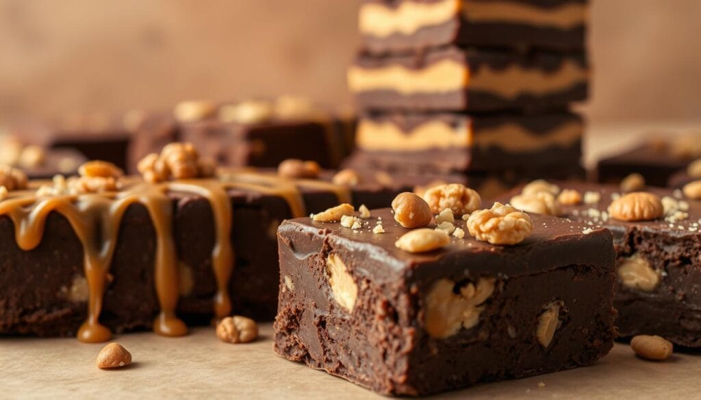 A tantalizing array of fudgy desserts, each with its own unique twist. In the foreground, a decadent chocolate fudge square drizzled with silky caramel and sprinkled with crunchy toasted walnuts. Beside it, a rich, velvety brownie studded with creamy pockets of peanut butter. In the middle ground, a towering layered bar with alternating bands of dense chocolate and creamy peanut butter nougat. Against a backdrop of warm, muted tones, the desserts are highlighted by soft, diffused lighting that accentuates their glossy, mouthwatering textures. The scene exudes an air of indulgence and culinary artistry, inviting the viewer to imagine the endless possibilities for customizing and elevating this classic fudgy treat.