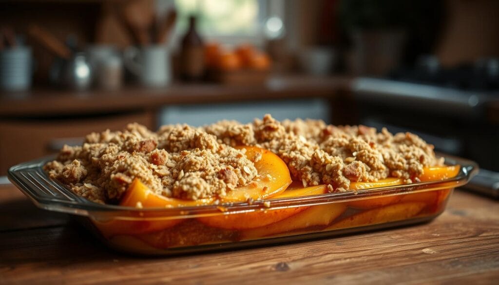 A warm, golden-brown baked peach crisp nestled on a rustic wooden table. Juicy peach slices crowned with a crumbly topping of brown sugar, oats, and cinnamon, illuminated by soft, diffused lighting. The aroma of baked fruit and buttery streusel fills the cozy kitchen setting, inviting the viewer to dig in. The image is captured at a slightly low angle, emphasizing the layers and textures of the crisp, with a shallow depth of field that blurs the background, keeping the focus on the star of the scene. An atmosphere of homely comfort and the promise of a delightful dessert.