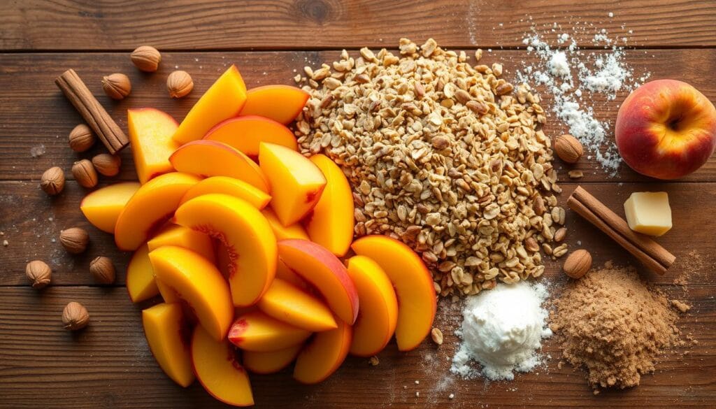 Crisp golden brown peach crumble ingredients arranged artfully on a rustic wooden table. In the foreground, a pile of fresh, juicy peach slices ready to be tossed in sugar and spices. In the middle, a textured, oat-based crumble topping with flecks of butter. Surrounding the main elements, scattered hazelnuts, brown sugar, cinnamon sticks, and a sprinkling of flour. Warm, soft lighting from an overhead source casts a cozy glow, highlighting the natural colors and textures. The scene evokes the comforting aroma and homemade goodness of a perfect peach crisp.