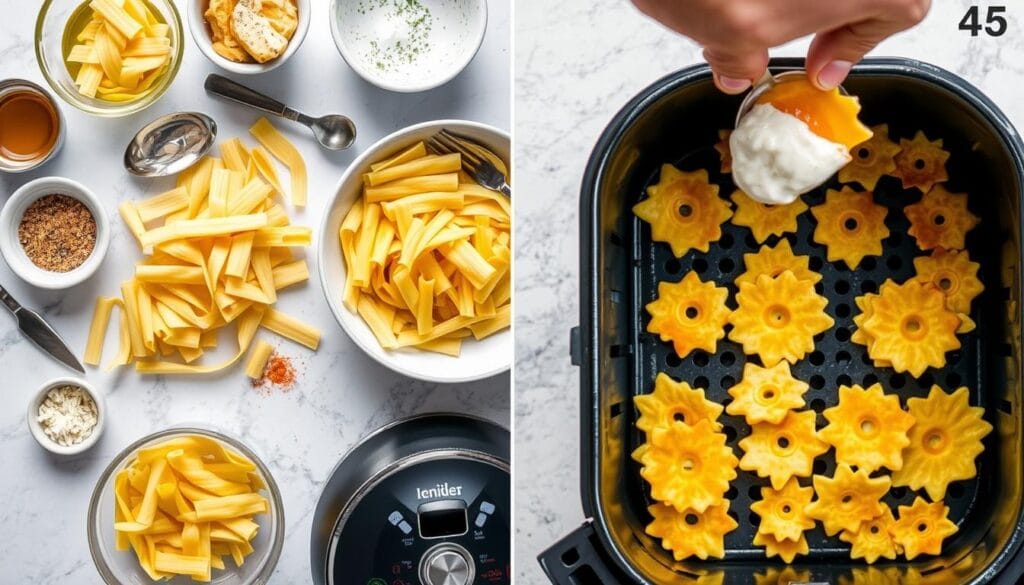 Detailed step-by-step process of making crispy air-fryer pasta chips. Well-lit overhead view of neatly arranged bowls, utensils, and ingredients - fresh pasta, olive oil, seasonings. Foreground shows pasta being carefully cut into chip shapes, mid-ground displays dipped chips being carefully placed in the air fryer basket, background shows golden brown, perfectly crisped pasta chips being removed from the air fryer. Bright, clean, and appetizing atmosphere, inviting the viewer to recreate this simple yet delightful snack.