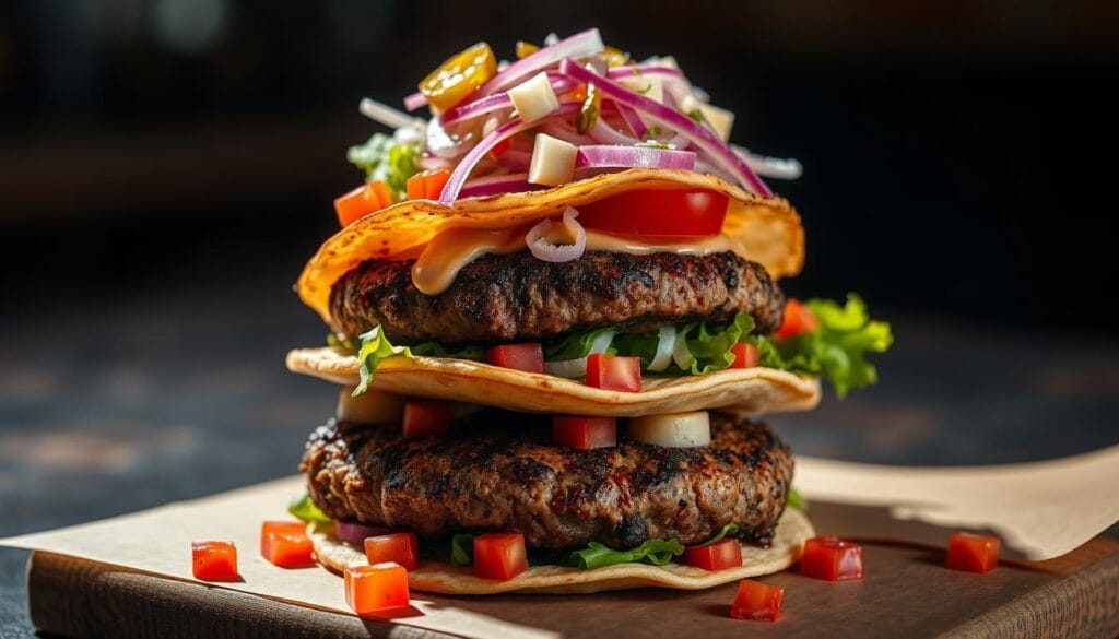 Fusion cuisine featuring a towering stack of smash burger tacos, juxtaposing crunchy tortilla shells with the rich, savory flavors of perfectly seared smash patties. Garnished with a vibrant array of toppings - diced tomatoes, shredded lettuce, tangy pickled onions, and a drizzle of creamy chipotle sauce. Dramatic low-angle lighting casts dramatic shadows, accentuating the textural contrast. Captured with a wide-angle lens to highlight the tacos' artful presentation against a blurred, moody background.