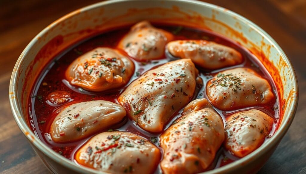 Marinating chicken in a large bowl, with various spices, herbs, and a rich, vibrant crimson-colored marinade. The chicken pieces are arranged neatly, glistening with the mixture of oil, vinegar, and spices. Soft, mouthwatering light reflects off the skin, creating a tantalizing and appetizing scene. The background is blurred, allowing the chicken to be the focal point, set against a warm, earthy tone that complements the dish. Captured with a wide-angle lens, the image conveys the idea of "Preparing Your Chicken Marinade" for a delicious and spicy fried chicken recipe.
