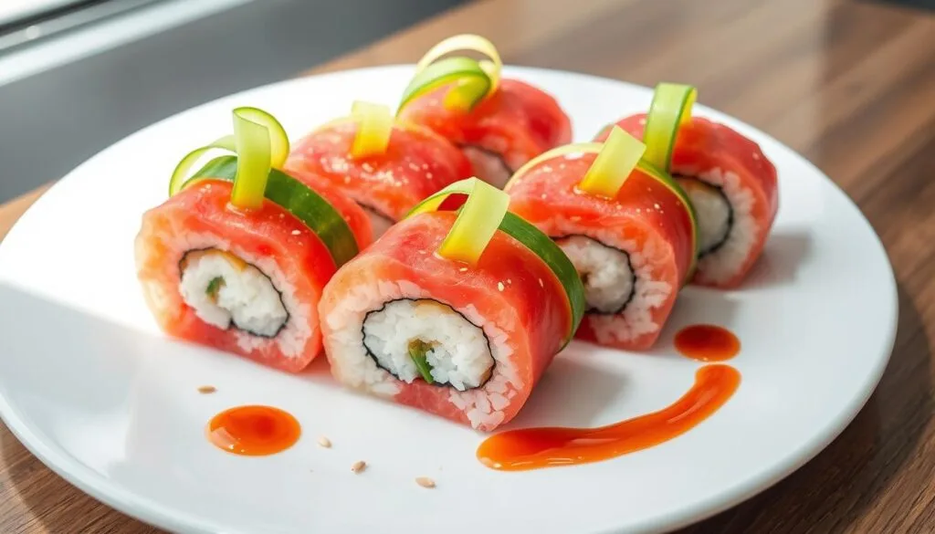 Vibrant watermelon sushi rolls, artfully arranged on a minimalist white plate. The succulent watermelon slices are meticulously crafted, each one a unique and whimsical interpretation of the traditional sushi format. Delicate, paper-thin cucumber ribbons intertwine with the watermelon, adding a refreshing contrast. A sprinkle of toasted sesame seeds and a drizzle of vibrant, jewel-toned soy sauce complete the visually striking composition. The scene is bathed in soft, natural lighting, highlighting the vibrant colors and clean, modern presentation. The overall mood is one of playful creativity, inviting the viewer to experience sushi in a delightfully unexpected way. Vibrant watermelon sushi rolls, artfully arranged on a minimalist white plate. The succulent watermelon slices are meticulously crafted, each one a unique and whimsical interpretation of the traditional sushi format. Delicate, paper-thin cucumber ribbons intertwine with the watermelon, adding a refreshing contrast. A sprinkle of toasted sesame seeds and a drizzle of vibrant, jewel-toned soy sauce complete the visually striking composition. The scene is bathed in soft, natural lighting, highlighting the vibrant colors and clean, modern presentation. The overall mood is one of playful creativity, inviting the viewer to experience sushi in a delightfully unexpected way.