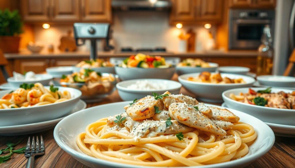 A beautiful table set for an Italian-themed dinner with a focus on a delicious chicken Alfredo dish at the center, showcasing variations of the recipe around it. In the foreground, a creamy white sauce with perfectly cooked fettuccine layered with tender pieces of grilled chicken, garnished with fresh parsley and grated parmesan. In the middle, bowls of colorful variations such as shrimp Alfredo, a vegetable version with broccoli and bell peppers, and a spicy chicken option with red pepper flakes. The background features a cozy kitchen with warm, inviting lighting, wooden cabinets, and soft focus on a pasta maker and ingredients like garlic, herbs, and olive oil, creating an ambiance of comfort and culinary creativity. The angle should be slightly elevated to capture the array of dishes in a dynamic composition. A beautiful table set for an Italian-themed dinner with a focus on a delicious chicken Alfredo dish at the center, showcasing variations of the recipe around it. In the foreground, a creamy white sauce with perfectly cooked fettuccine layered with tender pieces of grilled chicken, garnished with fresh parsley and grated parmesan. In the middle, bowls of colorful variations such as shrimp Alfredo, a vegetable version with broccoli and bell peppers, and a spicy chicken option with red pepper flakes. The background features a cozy kitchen with warm, inviting lighting, wooden cabinets, and soft focus on a pasta maker and ingredients like garlic, herbs, and olive oil, creating an ambiance of comfort and culinary creativity. The angle should be slightly elevated to capture the array of dishes in a dynamic composition.