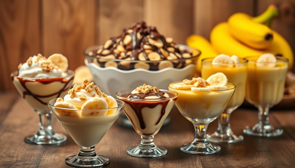 A beautifully arranged dessert table showcasing an array of banana pudding variations. In the foreground, elegant glass cups filled with creamy banana pudding are layered with slices of ripe bananas and dollops of whipped cream, topped with crushed vanilla wafers. In the middle, a large stylish bowl showcases a rich chocolate banana pudding, drizzled with chocolate syrup, alongside a bright yellow banana caramel pudding, adorned with caramel drizzle and fresh banana slices. The background features soft, warm lighting that creates a cozy atmosphere, with blurred elements of rustic wooden textures for depth. The overall mood is inviting and delicious, perfect for a delightful dessert spread. A beautifully arranged dessert table showcasing an array of banana pudding variations. In the foreground, elegant glass cups filled with creamy banana pudding are layered with slices of ripe bananas and dollops of whipped cream, topped with crushed vanilla wafers. In the middle, a large stylish bowl showcases a rich chocolate banana pudding, drizzled with chocolate syrup, alongside a bright yellow banana caramel pudding, adorned with caramel drizzle and fresh banana slices. The background features soft, warm lighting that creates a cozy atmosphere, with blurred elements of rustic wooden textures for depth. The overall mood is inviting and delicious, perfect for a delightful dessert spread.