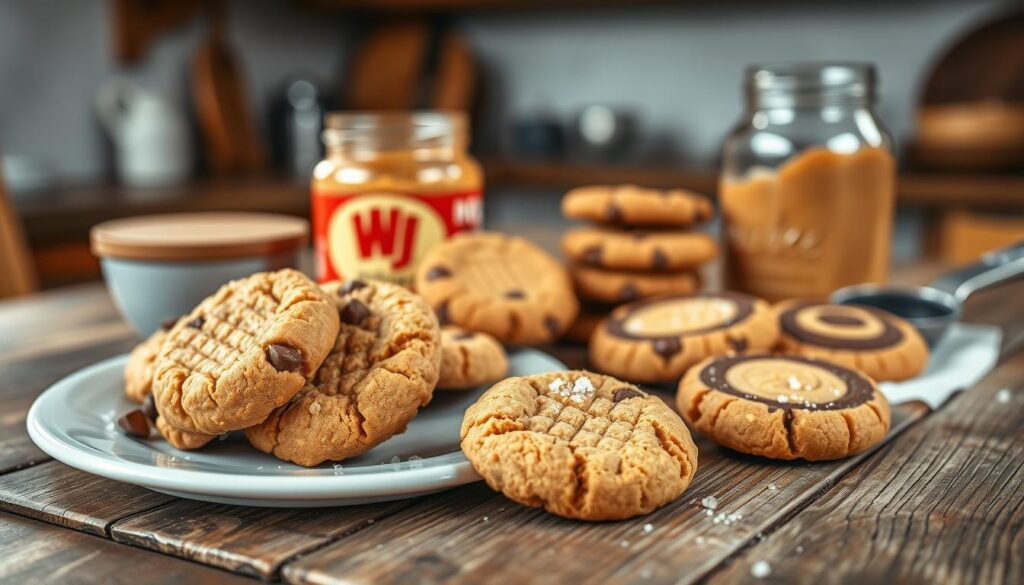 A beautifully arranged display of variations of peanut butter cookies on a rustic wooden table. In the foreground, a plate holds classic soft and chewy peanut butter cookies, their texture visible, sprinkled with sea salt. Beside it, there are creative twists including chocolate chip, oatmeal, and peanut butter swirl cookies. In the middle ground, a vintage glass jar filled with peanut butter and a small scoop nearby adds charm. The background softly blurred reveals a cozy kitchen setting with warm, inviting lighting, emphasizing a homely atmosphere. The scene is captured from a slightly elevated angle to accentuate the cookies’ details and textures, creating a mouthwatering visual delight.