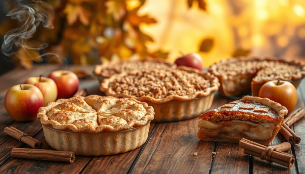 A beautifully arranged display of various apple pie variations on a rustic wooden table. In the foreground, a classic apple pie with a flaky golden crust, steam rising gracefully, sits alongside an apple crumble pie and a caramel apple pie, both showcasing their inviting, crumbly toppings. In the middle ground, slices of each pie reveal juicy, spiced apple fillings. Fresh apples and cinnamon sticks are scattered around, adding color and texture. The background features soft-focus autumn leaves and warm, golden lighting that creates a cozy, inviting atmosphere. Capture the scene from a slightly elevated angle to highlight the pies and their details, emphasizing the warmth and comfort of a homemade treat.