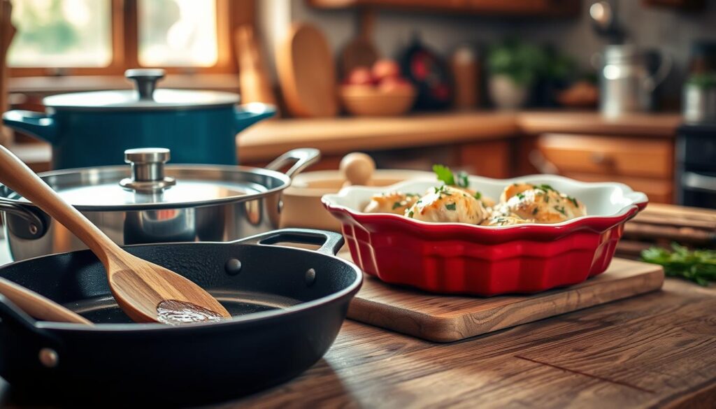 A beautifully arranged kitchen scene showcasing a variety of skillet and ovenproof cookware. In the foreground, highlight a cast iron skillet glistening with a bit of oil, alongside a shiny stainless steel sauté pan with a wooden spoon resting against it. The middle ground features a vibrant ceramic baking dish filled with creamy chicken, garnished with herbs. The background consists of a warm, rustic kitchen setting, with soft lighting streaming through a window, casting gentle shadows. The scene evokes a cozy, inviting atmosphere, perfect for home cooking. Use a shallow depth of field to focus on the cookware while slightly blurring the kitchen details, enhancing the feel of warmth and homey charm.