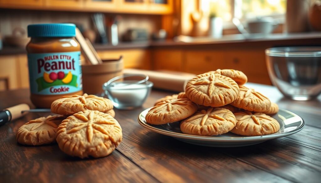 A beautifully arranged scene showcasing an easy peanut butter cookie recipe. In the foreground, a rustic wooden table displays a plate piled high with golden-brown, soft and chewy peanut butter cookies, some with a classic crisscross pattern on top. Beside the cookies, a glass jar of creamy peanut butter and a small bowl of granulated sugar and a whisk hint at the ingredients used. In the middle ground, a warm, inviting kitchen with soft natural lighting pours in from a nearby window, illuminating the baking tools, such as measuring cups and a mixing bowl. The background features a soft-focus view of kitchen cabinetry, with warm tones creating a cozy atmosphere. The overall mood is inviting and homely, embodying the joy of baking at home.