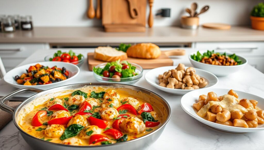 A beautifully arranged table showcasing various Marry Me Chicken variations, each dish elegantly plated to highlight different styles. In the foreground, a creamy skillet of Marry Me Chicken with vibrant roasted red peppers and luscious spinach, garnished with fresh herbs. Beside it, variations featuring sun-dried tomatoes, mushrooms, and a light lemon sauce, each in separate bowls. In the middle, a wooden serving board displaying garlic bread and a refreshing green salad. The background features a softly lit kitchen with warm, inviting tones and a wooden shelf holding spices and cooking utensils, creating a cozy atmosphere. Soft, natural lighting enhances the colors and textures of the dishes, giving a fresh and appetizing feel. The angle is slightly elevated, allowing a clear view of the table setting and the variations.