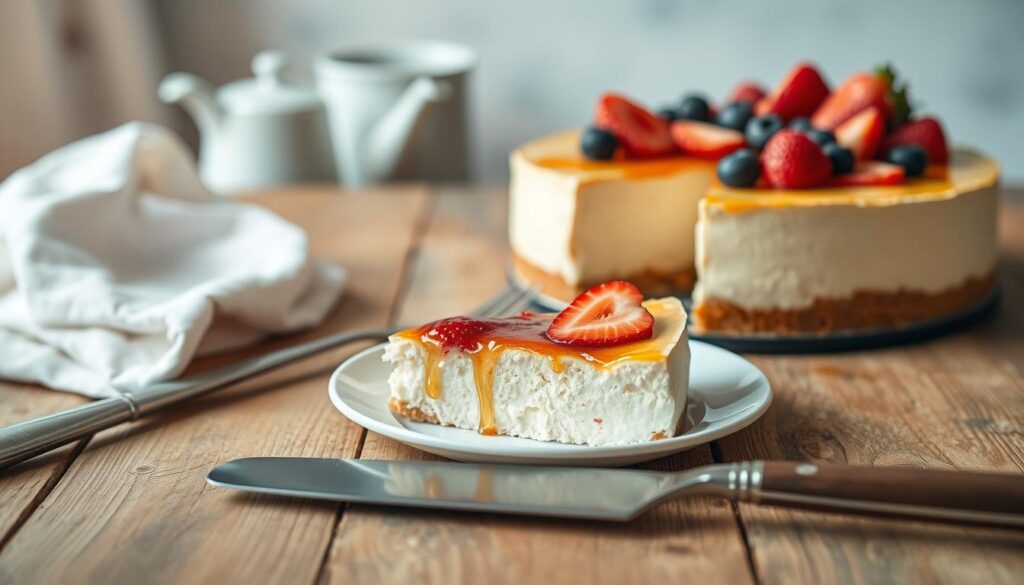 A beautifully assembled no-bake cheesecake sits invitingly on a rustic wooden table. The cheesecake features a smooth and creamy texture, adorned with a luscious layer of fresh fruit, such as strawberries and blueberries, on top, glistening with a light drizzle of honey. In the foreground, a sharp, elegant knife is ready for slicing, showcasing the clean, uniform slices of the cheesecake. In the middle, a delicate serving plate holds a slice of the cheesecake with a fork beside it, hinting at enjoyment. The background is softly blurred, suggesting a cozy kitchen setting with subtle pastel colors and warm, natural lighting that creates a welcoming atmosphere, inviting viewers to savor the deliciousness. The image exudes a calm and cheerful mood, perfect for a dessert feature.