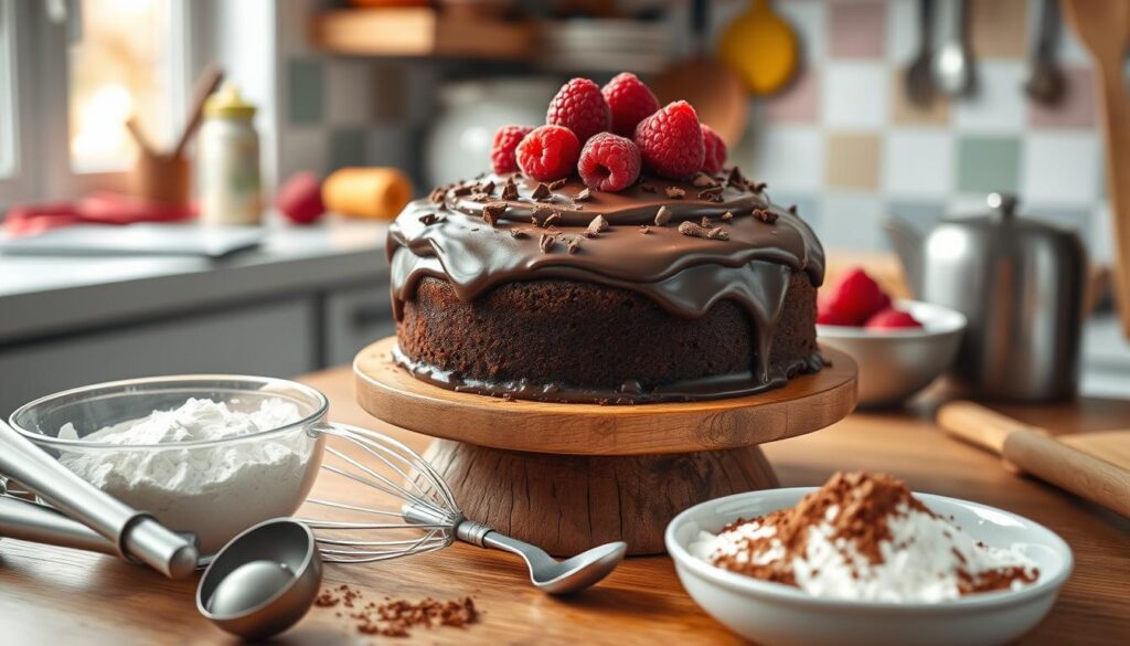 A beautifully baked easy chocolate cake, rich and moist, showcased on a wooden cake stand. The cake is perfectly frosted with glossy chocolate ganache, topped with chocolate shavings and fresh raspberries. In the foreground, a stainless steel whisk and measuring spoons lay beside a bowl of flour and cocoa powder, hinting at the baking process. In the middle ground, rustic kitchen tools like a spatula and a sifter are neatly arranged, suggesting a warm, inviting cooking environment. Soft, natural light filters in from a nearby window, casting gentle shadows, creating a cozy atmosphere. A blurred background features colorful kitchen décor and bakeware, emphasizing a homey feel. The overall mood is warm and inviting, ideal for showcasing the ease of making this delightful chocolate cake.