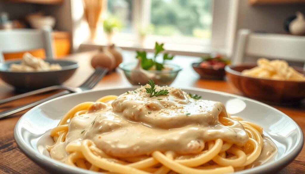 A beautifully plated Chicken Alfredo dish with a smooth, creamy sauce, showcasing a rich, glossy texture without any graininess. In the foreground, a close-up view highlights the sauce glistening on the pasta, with freshly grated Parmesan and a sprinkle of parsley for garnish. The middle layer features a wooden table setting with a fork resting beside the plate, and a small bowl of freshly chopped garlic and herbs as a visual representation of ingredients used to enhance smoothness. The background softly blurred includes a warm, inviting kitchen atmosphere with natural light streaming through a window, casting soft shadows and creating a cozy, appetizing mood. The overall image conveys a sense of comfort and deliciousness, emphasizing the importance of a perfect sauce in an Alfredo recipe. A beautifully plated Chicken Alfredo dish with a smooth, creamy sauce, showcasing a rich, glossy texture without any graininess. In the foreground, a close-up view highlights the sauce glistening on the pasta, with freshly grated Parmesan and a sprinkle of parsley for garnish. The middle layer features a wooden table setting with a fork resting beside the plate, and a small bowl of freshly chopped garlic and herbs as a visual representation of ingredients used to enhance smoothness. The background softly blurred includes a warm, inviting kitchen atmosphere with natural light streaming through a window, casting soft shadows and creating a cozy, appetizing mood. The overall image conveys a sense of comfort and deliciousness, emphasizing the importance of a perfect sauce in an Alfredo recipe.