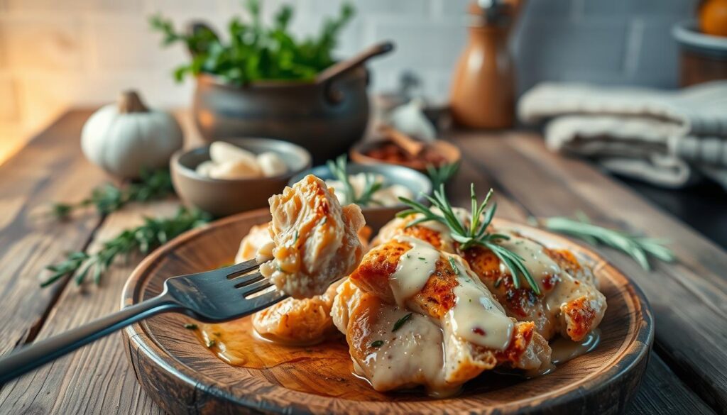 A beautifully presented dish of moist chicken tips on a rustic wooden table. The chicken is garnished with fresh rosemary and a light drizzle of creamy sauce, showcasing its tenderness and mouth-watering texture. In the foreground, a fork is poised to take a bite, emphasizing the inviting nature of the dish. In the middle, a small bowl of marinaded ingredients—fresh herbs, garlic, and spices—adds context to the cooking process. The background features a softly blurred kitchen setting with warm, ambient lighting, creating a cozy atmosphere. The angle is slightly overhead, capturing the details of the chicken while maintaining an inviting, homely feel. The overall mood is warm and appetizing, ideal for a culinary article.