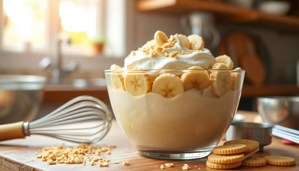 A close-up image of a creamy homemade banana pudding in a glass bowl, showcasing the layers of smooth vanilla custard, sliced ripe bananas, and whipped cream on top. The pudding should be garnished with a sprinkle of crushed vanilla wafers and a few fresh banana slices for added texture. In the foreground, kitchen tools like a mixing bowl, whisk, and measuring cups are artfully arranged. The background features a warm, inviting kitchen setting with soft natural light filtering through a window, creating a cozy atmosphere. Focus on a shallow depth of field to emphasize the pudding while softly blurring the background, giving a homey feel to the image. The overall mood should be warm and inviting, reflecting the joy of homemade cooking. A close-up image of a creamy homemade banana pudding in a glass bowl, showcasing the layers of smooth vanilla custard, sliced ripe bananas, and whipped cream on top. The pudding should be garnished with a sprinkle of crushed vanilla wafers and a few fresh banana slices for added texture. In the foreground, kitchen tools like a mixing bowl, whisk, and measuring cups are artfully arranged. The background features a warm, inviting kitchen setting with soft natural light filtering through a window, creating a cozy atmosphere. Focus on a shallow depth of field to emphasize the pudding while softly blurring the background, giving a homey feel to the image. The overall mood should be warm and inviting, reflecting the joy of homemade cooking.