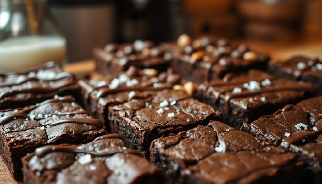 A close-up image of an assortment of decadent brownies, showcasing a variety of textures and toppings. The foreground features fudgy chocolate brownies with a shiny, cracked surface, topped with a drizzle of rich chocolate ganache and a sprinkle of sea salt. In the middle, include chewy brownies with bits of nuts and chocolate chips, all arranged on a rustic wooden board. The background is softly blurred, hinting at a warm kitchen atmosphere with warm lighting that highlights the luxurious quality of the brownies. The mood is indulgent and inviting, evoking a sense of warmth and comfort, perfect for a cozy gathering. Capture the image from a slightly elevated angle to emphasize the layers and textures of the brownies, ensuring no text or distractions are in the frame.