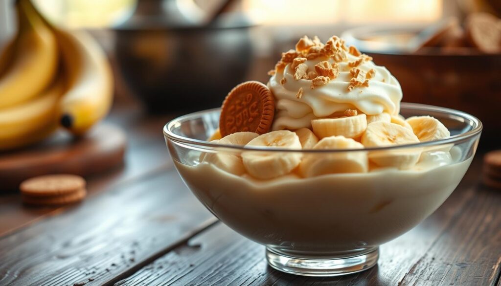 A close-up shot of a bowl of creamy banana pudding, richly layered with soft vanilla custard, ripe banana slices, and whipped cream. The pudding is topped with a sprinkle of crushed vanilla wafers for texture and visual appeal. The bowl is elegant, made of glass that reflects the creamy texture inside. The setting features a rustic wooden table, with a gentle afternoon light casting a warm, soft glow on the pudding. In the background, hint of a cozy kitchen environment with blurred out ingredients like bananas and cookies to suggest preparation. The mood is inviting and homely, evoking a sense of comfort and nostalgia associated with Southern desserts. A close-up shot of a bowl of creamy banana pudding, richly layered with soft vanilla custard, ripe banana slices, and whipped cream. The pudding is topped with a sprinkle of crushed vanilla wafers for texture and visual appeal. The bowl is elegant, made of glass that reflects the creamy texture inside. The setting features a rustic wooden table, with a gentle afternoon light casting a warm, soft glow on the pudding. In the background, hint of a cozy kitchen environment with blurred out ingredients like bananas and cookies to suggest preparation. The mood is inviting and homely, evoking a sense of comfort and nostalgia associated with Southern desserts.