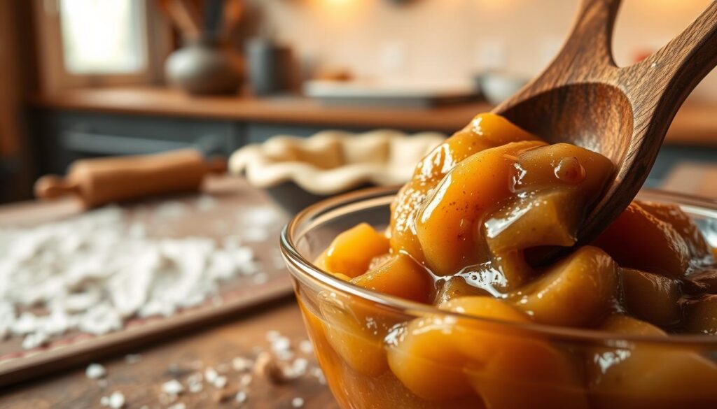 A close-up shot of runny apple pie filling, showcasing the glossy, caramelized texture of the apples coated in syrup. The foreground features a wooden spoon partially dipped into a glass bowl filled with the gooey filling, glistening with hints of cinnamon and sugar. In the middle ground, a rustic kitchen countertop is adorned with scattered flour and a half-rolled flaky pie crust, emphasizing the baking process. The background includes a softly blurred view of warm, ambient kitchen lights, creating a cozy atmosphere. The overall mood is inviting and homey, capturing the essence of traditional baking with a focus on the allure of the luscious apple filling, inviting viewers to appreciate the beauty of a baking mishap turned delicious.