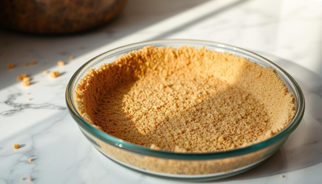 A close-up view of a freshly prepared graham cracker crust in a round, glass pie dish. The crust is golden brown, with a textured surface that showcases the crushed graham cracker crumbs mixed with melted butter. Soft, diffused natural light illuminates the scene from the left, creating gentle highlights and shadows that emphasize the crust's crispness. In the background, a marble countertop subtly complements the dish, and a few scattered graham cracker crumbs add context. The overall atmosphere is warm and inviting, suggesting a homey kitchen environment, perfect for baking. The angle is slightly elevated to capture the rim of the pie dish and the rich, crumbly texture of the crust.
