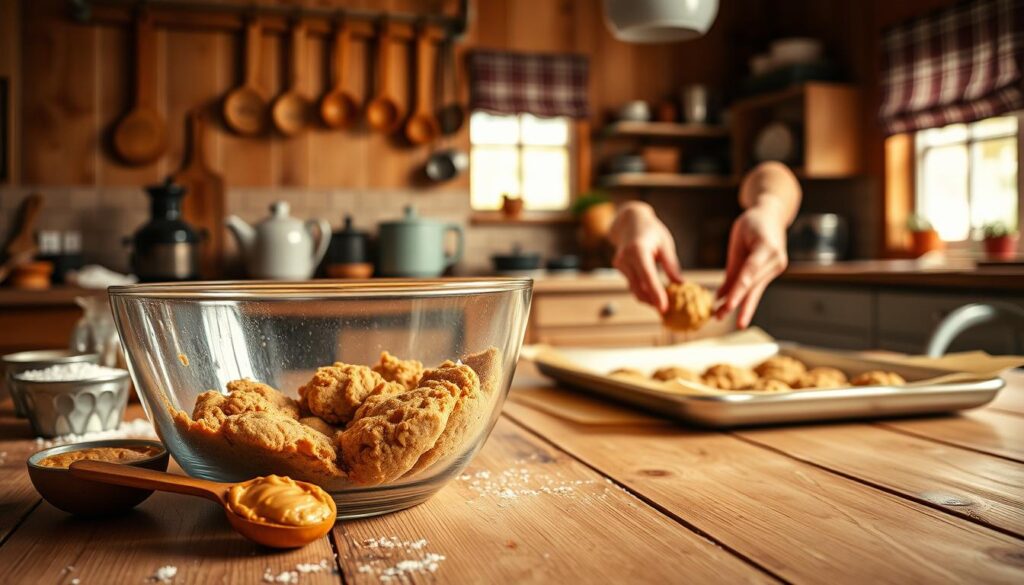 A cozy kitchen scene brimming with the warmth of freshly baked peanut butter cookies. In the foreground, a wooden table displays a mixing bowl filled with cookie dough and a tablespoon of peanut butter, surrounded by flour, sugar, and measuring cups. In the middle ground, a pair of hands gently scoop dough onto a parchment-lined baking sheet, illustrating a key baking tip for achieving chewy texture. The background features a warm, softly lit kitchen with vintage utensils hanging and a window letting in natural light. The overall atmosphere should be inviting and homely, evoking the joy of baking and the enticing scent of cookies in the air.