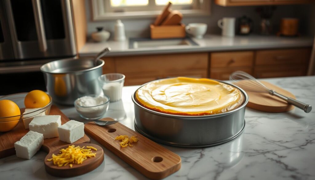 A cozy kitchen scene featuring a classic New York cheesecake being baked. In the foreground, there is a beautifully crafted, golden-brown cheesecake nestled in a springform pan, surrounded by essential baking ingredients such as cream cheese, eggs, and sugar. In the middle ground, a wooden cutting board displays fresh lemon zest and a whisk, hinting at the preparation process. The background showcases a warm, well-lit kitchen with soft, natural lighting filtering through a window, illuminating the marble countertop and emphasizing the creamy texture of the cheesecake. The overall atmosphere is inviting and serene, capturing the essence of meticulous baking techniques aimed at achieving a creamy, crack-free cheesecake. The angle is slightly overhead, focusing on the cheesecake's perfection while providing a glimpse of the organized kitchen environment.
