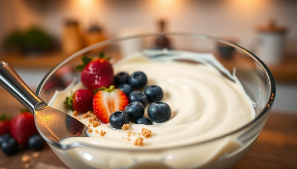 A creamy no-bake cheesecake filling placed in a stylish glass bowl, with a smooth, glossy texture that reflects light beautifully. The foreground includes a stainless steel spatula resting beside the bowl, highlighting the filling’s velvety consistency. In the middle, there are scattered graham cracker crumbs and fresh berries—blueberries and strawberries—that add a pop of vibrant color. The background features a softly blurred kitchen setting with warm, diffused lighting, creating a cozy and inviting atmosphere. Focus on a close-up angle to showcase the richness of the cheesecake filling, capturing the essence of a decadent dessert. The mood is uplifting and appetizing, perfect for showcasing the delightful simplicity of the recipe.