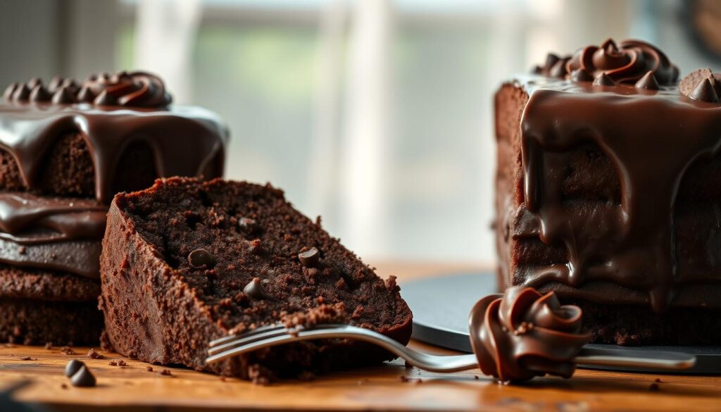 A decadent, moist chocolate cake sits elegantly on a rustic wooden table, showcasing layers of rich, dark chocolate sponge with a glossy ganache dripping slightly over the edges. The foreground displays a slice cut from the cake, revealing a soft, fluffy interior dotted with chocolate chips, the light catching its moist texture. In the middle, a delicate fork rests beside the slice, partially covered with a velvety chocolate frosting. In the background, soft natural light filters through a sheer window, enhancing the warm and inviting atmosphere with a subtle bokeh effect. The setting is cozy and homey, evoking a sense of comfort and indulgence, perfect for a baking tutorial.