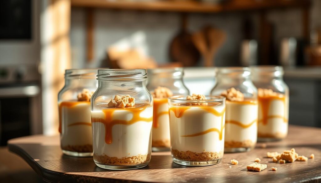 A delectable condensed milk no-bake cheesecake displayed in elegant mini jars, each topped with a light drizzle of caramel and a sprinkle of crushed graham crackers. The jars are arranged on a rustic wooden table, soft natural light cascading from the side, creating a warm and inviting ambiance. In the background, a blurred-out kitchen setting hints at a cozy home, with a few kitchen utensils artfully scattered. The cheesecake inside the jars appears creamy and smooth, inviting the viewer to indulge. The composition is taken from a slightly elevated angle to showcase the layers of the cheesecake while maintaining focus on the creamy textures and glossy toppings. Overall, the mood is cheerful and mouth-watering, perfect for highlighting a delightful dessert.