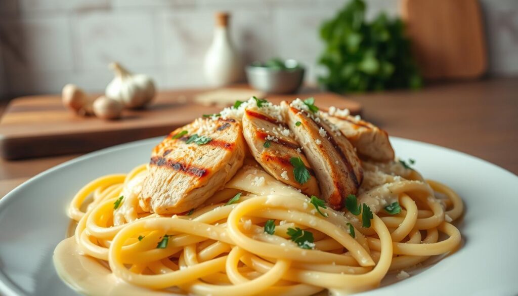 A delicious plate of Chicken Alfredo Pasta is elegantly presented in the foreground, showcasing tender, grilled chicken slices atop creamy fettuccine pasta drenched in a rich, velvety Alfredo sauce. The pasta is garnished with freshly chopped parsley and a sprinkle of grated Parmesan cheese, adding vibrant green and white accents to the dish. In the middle ground, a wooden cutting board holds a few additional ingredients, such as garlic cloves and a small bowl of fresh herbs. The background features a cozy kitchen setting with soft, warm lighting that creates an inviting atmosphere. The image is captured from a slightly overhead angle to highlight the textures of the pasta and sauce, conveying a sense of home-cooked warmth and culinary delight. A delicious plate of Chicken Alfredo Pasta is elegantly presented in the foreground, showcasing tender, grilled chicken slices atop creamy fettuccine pasta drenched in a rich, velvety Alfredo sauce. The pasta is garnished with freshly chopped parsley and a sprinkle of grated Parmesan cheese, adding vibrant green and white accents to the dish. In the middle ground, a wooden cutting board holds a few additional ingredients, such as garlic cloves and a small bowl of fresh herbs. The background features a cozy kitchen setting with soft, warm lighting that creates an inviting atmosphere. The image is captured from a slightly overhead angle to highlight the textures of the pasta and sauce, conveying a sense of home-cooked warmth and culinary delight.