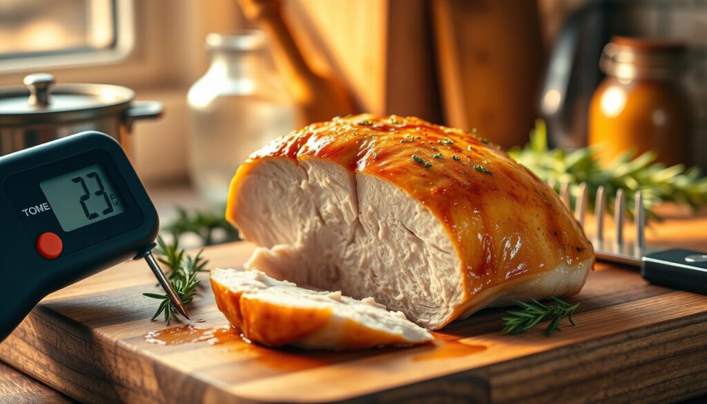 A perfectly cooked juicy baked chicken breast displayed on a rustic wooden cutting board, glistening with a light golden brown glaze that reflects the kitchen light. The chicken is sliced at an angle to show its tender, succulent interior, with natural juices glistening. Surrounding it are various tools, including a digital meat thermometer inserted into the thickest part of the chicken, emphasizing the importance of proper temperature for foolproof results. Soft, warm light from a nearby window casts gentle shadows, creating a cozy kitchen atmosphere. In the background, blurred kitchen utensils and herbs like rosemary and thyme add depth, enhancing the culinary feel of the scene. The setting conveys a sense of warmth and home-cooked comfort, inviting viewers to appreciate the art of cooking.