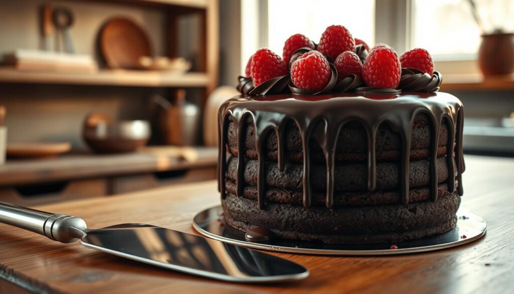 A richly layered decadent chocolate cake sits elegantly on a wooden table, showcasing its moist, dark texture with glossy chocolate ganache dripping down the sides. The cake is adorned with delicate chocolate curls and fresh raspberries artfully placed on top, enhancing the luxurious feel. In the foreground, a silver cake server reflects the soft, warm light illuminating the scene. The background features a softly blurred kitchen with rustic wooden shelves and a few baking utensils, adding a cozy, inviting atmosphere. The natural lighting casts gentle shadows, creating depth and emphasizing the cake’s sumptuousness. Capture this scene from a slightly elevated angle, focusing on the cake’s details, evoking indulgence and delight.