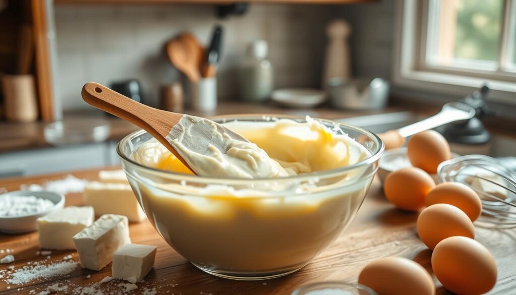 A warm, inviting kitchen scene featuring a close-up view of a mixing bowl filled with creamy cheesecake filling. A wooden spatula swirls through the thick mixture, showcasing its silky texture. Surrounding the bowl, a scattering of ingredients like cream cheese, sugar, and eggs create a sense of preparation. Soft, natural lighting pours in from a nearby window, casting a gentle glow over the scene. The background features a rustic kitchen countertop with baking utensils elegantly arranged, such as measuring cups and a whisk. Using a shallow depth of field, the focus is sharply on the mixing bowl, evoking a calm and focused atmosphere in the art of baking. The scene should resonate with the anticipation of creating a perfect New York cheesecake, inviting the viewer to feel the warmth and love of home cooking.