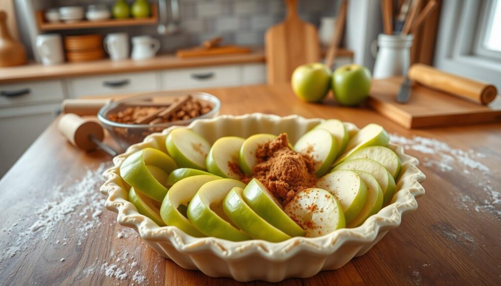 A warm, inviting kitchen scene featuring a wooden countertop where a classic apple pie is being assembled. In the foreground, a flaky bottom crust sits in a pie dish, with fresh, bright green Granny Smith apples sliced and arranged artistically beside it. The middle ground highlights a bowl filled with deliciously spiced apple filling, cinnamon, sugar, and a hint of lemon, ready to be poured into the crust. In the background, a lightly flour-dusted kitchen with shelves of baking supplies, rolling pins, and a wooden cutting board adds warmth to the atmosphere. Soft, natural lighting filters in through a window, enhancing the scene's cozy, homemade feel. The angle captures the pie from above, inviting viewers into the process of creating a beloved dessert.