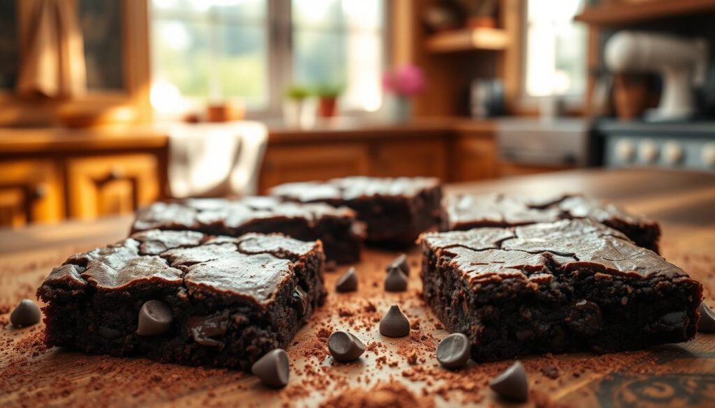 Fudgy chocolate brownies on a rustic wooden table, freshly baked and cut into generous squares, displaying a glossy top and rich, dark color. The brownies have a slightly cracked surface with melted chocolate chunks visibly oozing from the inside. Surrounding them, a scattering of cocoa powder and a few chocolate chips for added texture. In the background, a warm, inviting kitchen with soft, natural light streaming in from a window, casting gentle shadows. The focus is sharp on the brownies, creating a mouthwatering depth of field effect. The overall mood is cozy and indulgent, inviting the viewer to enjoy the experience of baking and sharing these decadent treats.
