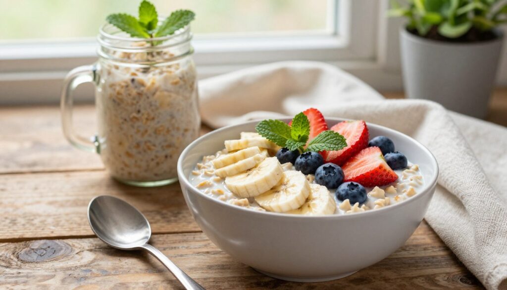A beautifully arranged bowl of easy overnight oatmeal sits on a rustic wooden table, showcasing a creamy texture topped with vibrant, fresh fruits like sliced bananas, strawberries, and blueberries. In the foreground, a spoon rests delicately beside the bowl, hinting at the homemade appeal. The middle ground features a mason jar filled with the oatmeal mixture, adorned with a sprig of mint for a pop of color. In the background, soft, natural light filters through a nearby window, creating a warm and inviting atmosphere. The scene is styled with a cozy cotton napkin and a small potted plant, evoking a sense of healthiness and simplicity, perfect for a hassle-free breakfast. The angle captures the inviting details of the dish, emphasizing its nutritious components. A beautifully arranged bowl of easy overnight oatmeal sits on a rustic wooden table, showcasing a creamy texture topped with vibrant, fresh fruits like sliced bananas, strawberries, and blueberries. In the foreground, a spoon rests delicately beside the bowl, hinting at the homemade appeal. The middle ground features a mason jar filled with the oatmeal mixture, adorned with a sprig of mint for a pop of color. In the background, soft, natural light filters through a nearby window, creating a warm and inviting atmosphere. The scene is styled with a cozy cotton napkin and a small potted plant, evoking a sense of healthiness and simplicity, perfect for a hassle-free breakfast. The angle captures the inviting details of the dish, emphasizing its nutritious components.