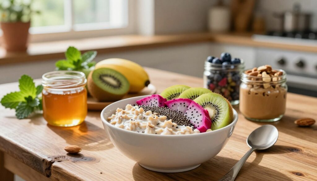 A beautifully arranged bowl of overnight oats on a rustic wooden table, featuring an array of unique toppings. In the foreground, the oats are creamy and textured, topped with vibrant slices of kiwi, dragon fruit, and a sprinkle of chia seeds. Next to the oats, there are small jars filled with colorful toppings like honey, almond butter, and assorted nuts, adding visual interest. In the middle ground, a softly lit kitchen setup showcases fresh fruits and herbs, including mint and blueberries, creating a lively atmosphere. Natural sunlight filters through a nearby window, casting a warm glow that highlights the textures and colors of the ingredients. The mood is inviting and healthy, perfect for a breakfast setting. A beautifully arranged bowl of overnight oats on a rustic wooden table, featuring an array of unique toppings. In the foreground, the oats are creamy and textured, topped with vibrant slices of kiwi, dragon fruit, and a sprinkle of chia seeds. Next to the oats, there are small jars filled with colorful toppings like honey, almond butter, and assorted nuts, adding visual interest. In the middle ground, a softly lit kitchen setup showcases fresh fruits and herbs, including mint and blueberries, creating a lively atmosphere. Natural sunlight filters through a nearby window, casting a warm glow that highlights the textures and colors of the ingredients. The mood is inviting and healthy, perfect for a breakfast setting.