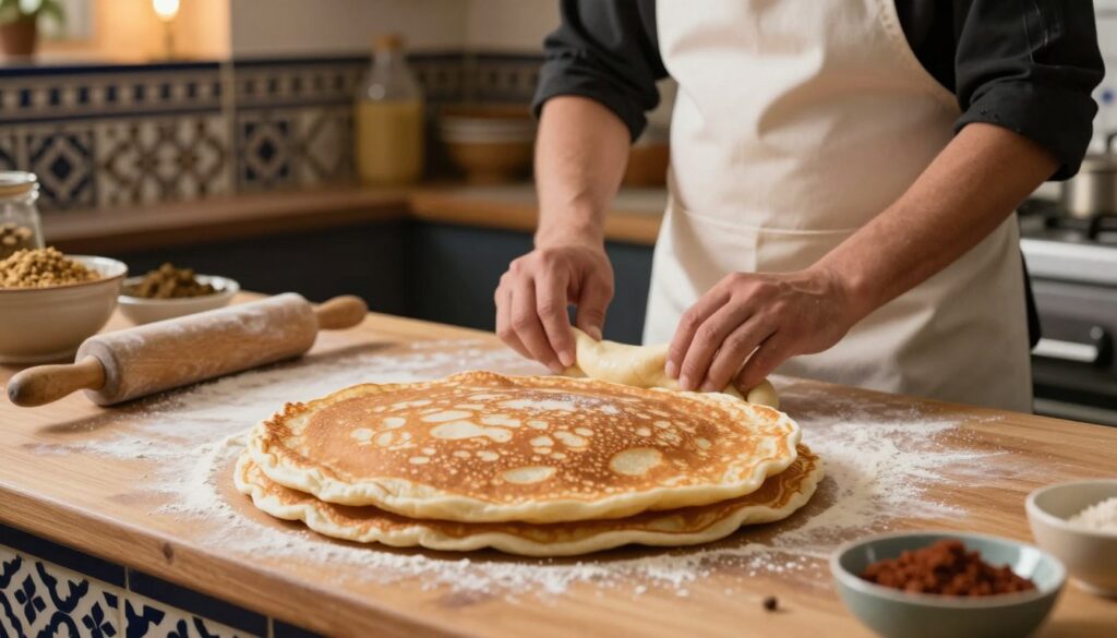 A beautifully arranged kitchen countertop showcasing the process of making msemen, Moroccan pancakes. In the foreground, a wooden surface with neatly stacked, golden-brown msemen, lightly dusted with flour. To the side, a rolling pin and a small bowl of dough, indicating the preparation stage. In the middle, an artisan chef wearing a modest apron is skillfully folding a piece of dough, embodying a professional yet inviting atmosphere. The background features warm, soft lighting illuminating traditional Moroccan tiles and spices, enhancing the cultural ambiance. The composition should have a shallow depth of field, focusing on the msemen and the chef's hands, creating a sense of intimacy and warmth, inviting viewers into the process of making these delicious pancakes.