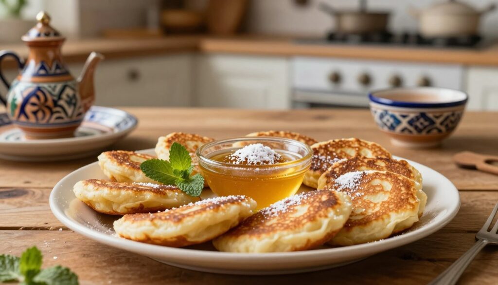 A beautifully arranged plate of freshly made msemen, Moroccan pancakes, served with a small bowl of honey and a sprinkle of powdered sugar. In the foreground, the golden-brown pancakes are stacked, displaying their flaky texture. A few mint leaves add a pop of color. In the middle ground, a rustic wooden table is adorned with traditional Moroccan ceramics, enhancing the cultural atmosphere. The background features a softly blurred kitchen setting with warm, inviting lighting that evokes a cozy home ambiance. The scene captures the essence of sharing a delicious meal, inviting viewers to enjoy the experience of serving msemen.