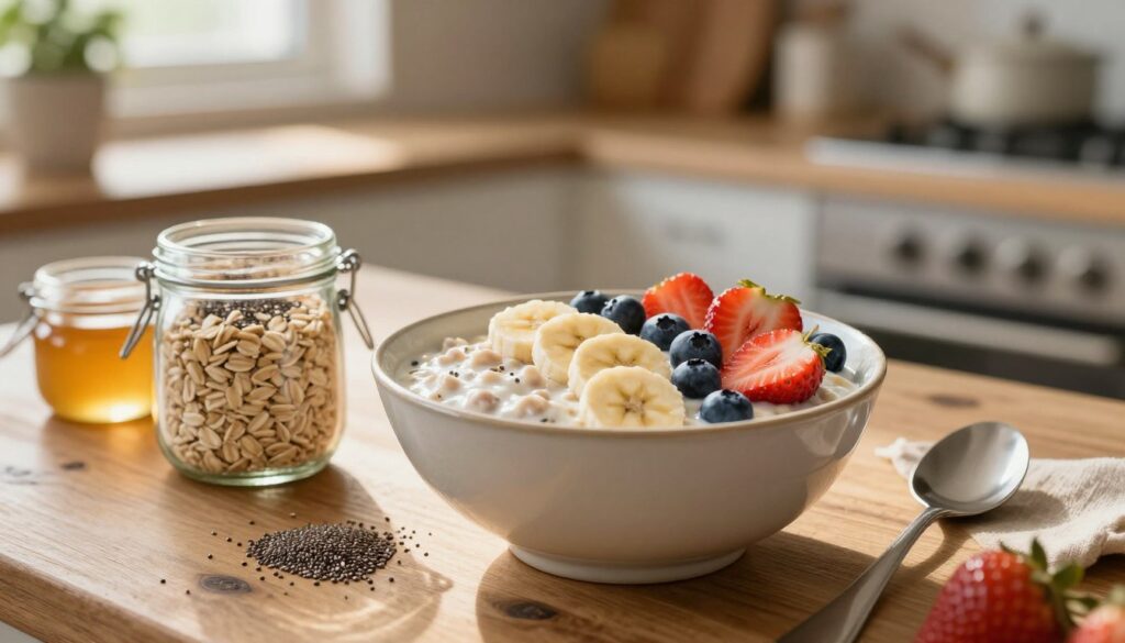 A beautifully arranged scene featuring a bowl of creamy overnight oats topped with fresh fruits like sliced bananas, strawberries, and blueberries, placed on a rustic wooden table. In the foreground, a clear glass jar filled with oats and a sprinkle of chia seeds sits beside a small honey jar, evoking a sense of healthy meal prep. In the middle, soft morning light gently illuminates the oats, casting a warm glow. The background includes a blurred kitchen countertop with a potted plant and utensils, enhancing the cozy, inviting atmosphere of a home kitchen. The image captures a sense of tranquility and readiness for a hassle-free breakfast, showcasing the simplicity and beauty of meal prep options. A beautifully arranged scene featuring a bowl of creamy overnight oats topped with fresh fruits like sliced bananas, strawberries, and blueberries, placed on a rustic wooden table. In the foreground, a clear glass jar filled with oats and a sprinkle of chia seeds sits beside a small honey jar, evoking a sense of healthy meal prep. In the middle, soft morning light gently illuminates the oats, casting a warm glow. The background includes a blurred kitchen countertop with a potted plant and utensils, enhancing the cozy, inviting atmosphere of a home kitchen. The image captures a sense of tranquility and readiness for a hassle-free breakfast, showcasing the simplicity and beauty of meal prep options.