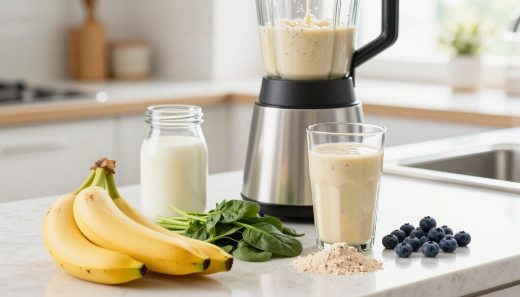 A bright, inviting kitchen countertop, showcasing the key ingredients for a creamy protein smoothie. In the foreground, a vibrant display of ripe bananas, fresh spinach, and a scoop of protein powder. Beside them, a jar of almond milk and a handful of blueberries add color and freshness. In the middle, a sleek blender stands ready for action, with a glass of the finished smoothie partially poured, showcasing its creamy texture. The background features soft natural lighting coming through a window, creating a warm and welcoming atmosphere. The image should have a close-up angle to capture the details of the ingredients while maintaining a clean, organized appearance, inviting the viewer to embark on a healthy blend. A bright, inviting kitchen countertop, showcasing the key ingredients for a creamy protein smoothie. In the foreground, a vibrant display of ripe bananas, fresh spinach, and a scoop of protein powder. Beside them, a jar of almond milk and a handful of blueberries add color and freshness. In the middle, a sleek blender stands ready for action, with a glass of the finished smoothie partially poured, showcasing its creamy texture. The background features soft natural lighting coming through a window, creating a warm and welcoming atmosphere. The image should have a close-up angle to capture the details of the ingredients while maintaining a clean, organized appearance, inviting the viewer to embark on a healthy blend.
