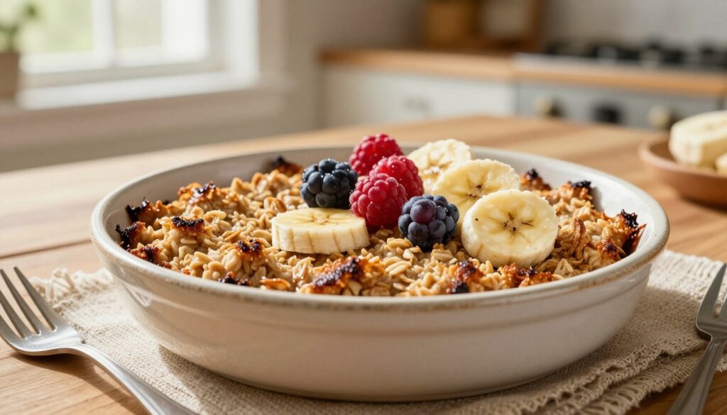 A mouthwatering bowl of baked oatmeal served in a rustic, ceramic dish, adorned with fresh fruits like berries and slices of banana on top. The oatmeal is golden-brown and slightly crispy on the edges, emanating warmth and comfort. The scene is set on a wooden table with a soft, woven placemat underneath. In the background, a hint of a bright, farm-style kitchen can be seen, illuminated by warm, natural light streaming through a nearby window. The focus is on the dish, capturing the texture of the oatmeal and the vibrant colors of the fruits. The atmosphere is inviting and cozy, embodying a healthy and delicious start to the day. No people are present in the image, ensuring it remains clean and professional. A mouthwatering bowl of baked oatmeal served in a rustic, ceramic dish, adorned with fresh fruits like berries and slices of banana on top. The oatmeal is golden-brown and slightly crispy on the edges, emanating warmth and comfort. The scene is set on a wooden table with a soft, woven placemat underneath. In the background, a hint of a bright, farm-style kitchen can be seen, illuminated by warm, natural light streaming through a nearby window. The focus is on the dish, capturing the texture of the oatmeal and the vibrant colors of the fruits. The atmosphere is inviting and cozy, embodying a healthy and delicious start to the day. No people are present in the image, ensuring it remains clean and professional.