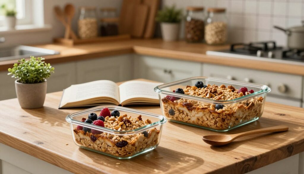 A rustic kitchen countertop featuring a beautifully arranged scene of baked oatmeal in a glass storage container, with a wooden spoon resting beside it. In the foreground, a clear glass container reveals rich, golden-brown baked oatmeal topped with fresh berries and a sprinkle of nuts, catching soft, natural daylight. The middle section showcases an open recipe book with handwritten notes, surrounded by cozy kitchen elements like a small potted plant and wooden utensils. In the background, a warm, inviting kitchen with soft lighting, a rustic wooden shelf displaying jars of oats and spices, creates a homely feel. The overall atmosphere is wholesome and comforting, evoking a sense of healthy living and culinary joy. A rustic kitchen countertop featuring a beautifully arranged scene of baked oatmeal in a glass storage container, with a wooden spoon resting beside it. In the foreground, a clear glass container reveals rich, golden-brown baked oatmeal topped with fresh berries and a sprinkle of nuts, catching soft, natural daylight. The middle section showcases an open recipe book with handwritten notes, surrounded by cozy kitchen elements like a small potted plant and wooden utensils. In the background, a warm, inviting kitchen with soft lighting, a rustic wooden shelf displaying jars of oats and spices, creates a homely feel. The overall atmosphere is wholesome and comforting, evoking a sense of healthy living and culinary joy.