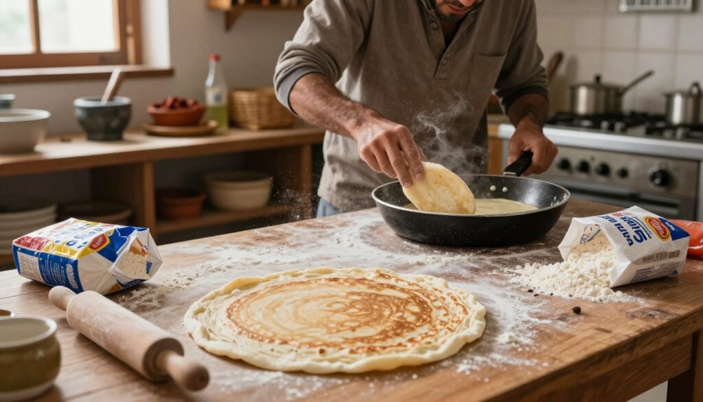 A rustic kitchen scene showing the process of making msemen, featuring a countertop with flour and ingredients scattered around, symbolizing mistakes. In the foreground, a slightly flattened, uneven msemen pancake lies on a wooden surface, showing it's improperly formed. Beside it, a rolling pin and a partially opened package of flour add to the chaos. In the middle, a person in modest casual clothing, focused but slightly frustrated, is attempting to flip another msemen pancake in a non-stick pan, with flour dust visible in the air. The background should feature a warm, inviting kitchen setting with wooden shelves, mortar, and traditional Moroccan spices, illuminated by soft, natural lighting coming from a window. The atmosphere should evoke a mix of determination and learning from errors.