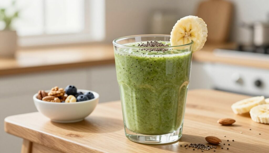 A vibrant and creamy protein smoothie served in a clear glass, showcasing its rich, velvety texture. The smoothie is a blend of spinach, banana, and almond milk, topped with a sprinkle of chia seeds and a slice of fresh banana for decoration. In the foreground, a small wooden table holds the smoothie alongside a white bowl of mixed nuts and berries, emphasizing a healthy lifestyle. The middle background features a soft-focus kitchen setting with bright, natural light streaming in from a window, highlighting the freshness of the ingredients. The overall atmosphere is inviting and refreshing, evoking a sense of wellness and vitality, shot from a slightly elevated angle to capture the smoothie’s alluring sheen. A vibrant and creamy protein smoothie served in a clear glass, showcasing its rich, velvety texture. The smoothie is a blend of spinach, banana, and almond milk, topped with a sprinkle of chia seeds and a slice of fresh banana for decoration. In the foreground, a small wooden table holds the smoothie alongside a white bowl of mixed nuts and berries, emphasizing a healthy lifestyle. The middle background features a soft-focus kitchen setting with bright, natural light streaming in from a window, highlighting the freshness of the ingredients. The overall atmosphere is inviting and refreshing, evoking a sense of wellness and vitality, shot from a slightly elevated angle to capture the smoothie’s alluring sheen.