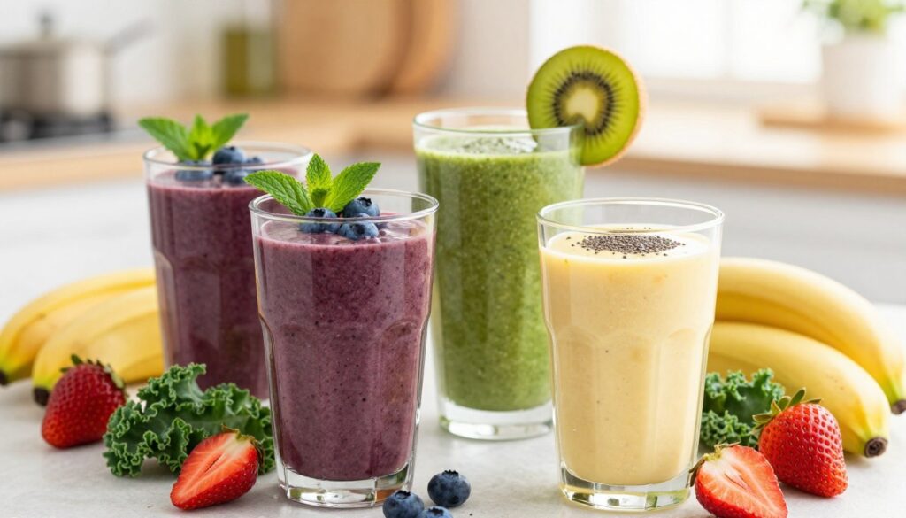 A vibrant arrangement of colorful protein smoothies in various glass containers, showcasing an array of flavors and ingredients. In the foreground, display three smoothies: a deep purple acai smoothie garnished with blueberries and mint, a bright green spinach smoothie with sliced kiwi on the rim, and a creamy yellow banana smoothie with a sprinkle of chia seeds. The middle ground features fresh fruits like strawberries, bananas, and kale artistically arranged around the smoothies, while the background is softly blurred, revealing a bright kitchen setting with natural light flooding through a window. Use a shallow depth of field to create a warm and inviting atmosphere, emphasizing the freshness and healthiness of the protein smoothies. A vibrant arrangement of colorful protein smoothies in various glass containers, showcasing an array of flavors and ingredients. In the foreground, display three smoothies: a deep purple acai smoothie garnished with blueberries and mint, a bright green spinach smoothie with sliced kiwi on the rim, and a creamy yellow banana smoothie with a sprinkle of chia seeds. The middle ground features fresh fruits like strawberries, bananas, and kale artistically arranged around the smoothies, while the background is softly blurred, revealing a bright kitchen setting with natural light flooding through a window. Use a shallow depth of field to create a warm and inviting atmosphere, emphasizing the freshness and healthiness of the protein smoothies.