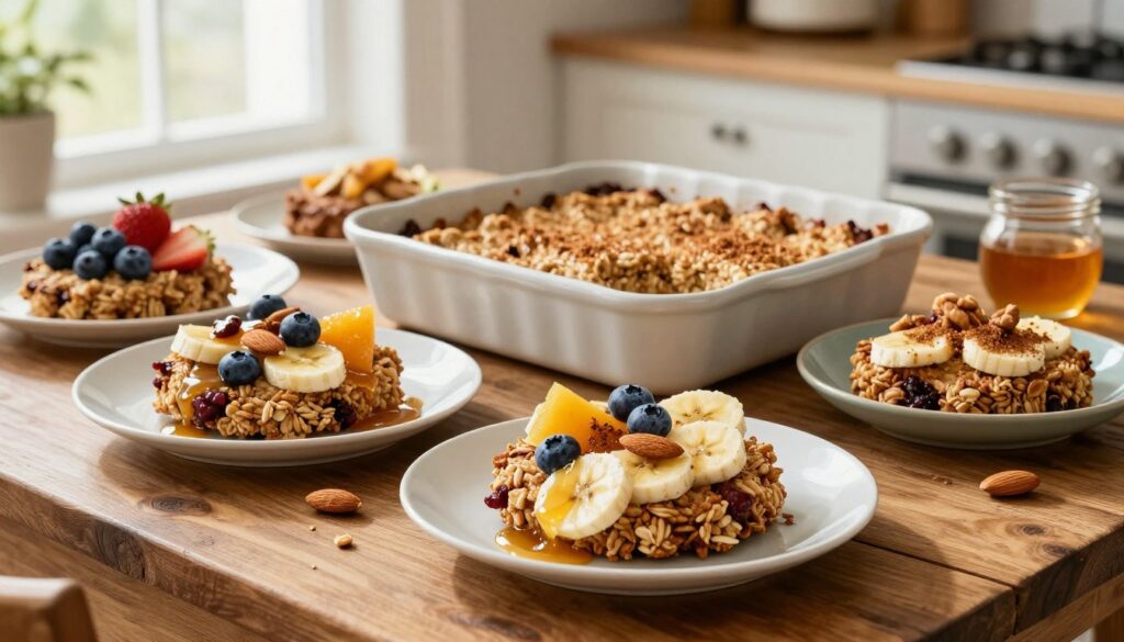 A visually appealing arrangement of various baked oatmeal dishes displayed on a rustic wooden table. In the foreground, showcase individual portions of baked oatmeal topped with a medley of fresh fruits, nuts, and a drizzle of honey, emphasizing healthy ingredients like blueberries, bananas, and almonds. In the middle, include a larger baking dish filled with golden-brown oatmeal, some lightly dusted with cinnamon. The background features a cozy kitchen setting with soft, natural light streaming in from a nearby window that enhances the warm, inviting atmosphere. Capture the angle from slightly above the table, creating an inviting composition that highlights the textures and colors of the food, evoking a sense of comfort and health. A visually appealing arrangement of various baked oatmeal dishes displayed on a rustic wooden table. In the foreground, showcase individual portions of baked oatmeal topped with a medley of fresh fruits, nuts, and a drizzle of honey, emphasizing healthy ingredients like blueberries, bananas, and almonds. In the middle, include a larger baking dish filled with golden-brown oatmeal, some lightly dusted with cinnamon. The background features a cozy kitchen setting with soft, natural light streaming in from a nearby window that enhances the warm, inviting atmosphere. Capture the angle from slightly above the table, creating an inviting composition that highlights the textures and colors of the food, evoking a sense of comfort and health.